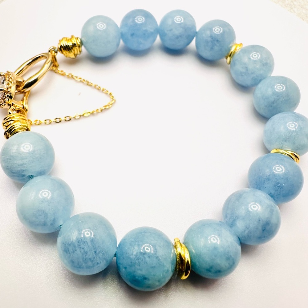 Milky Aquamarine Beaded Bracelet.  Genuine Gemstone, 18K gold plated Clasp